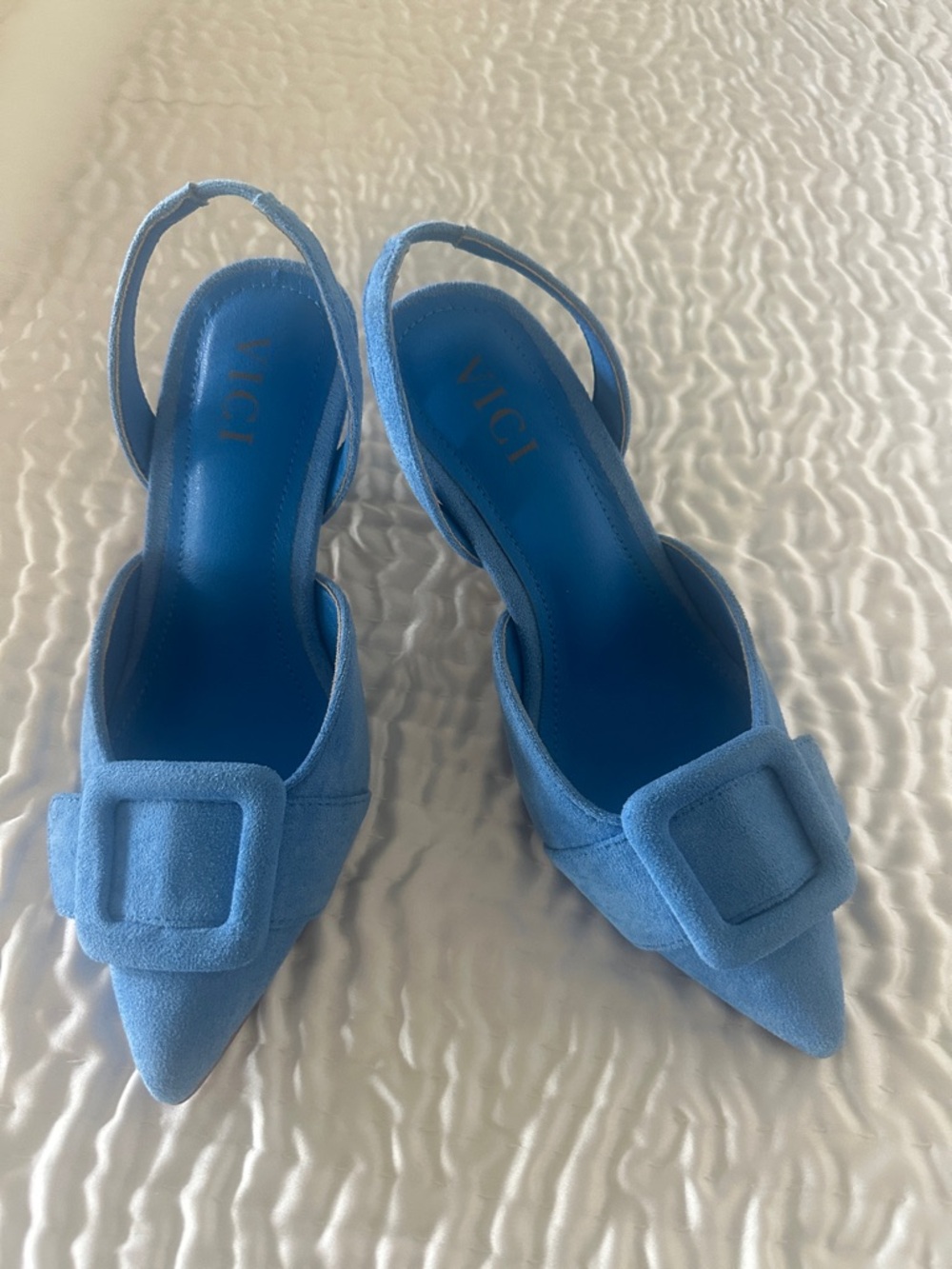 VICI Light Blue Suede Pointed Slingback Heels with Buckle